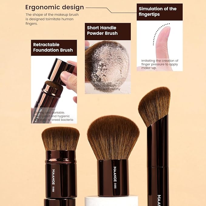 MAANGE 7pcs Makeup Brush Set Double Sided Kabuki Makeup Brushes Contour Brush for Foundation Liquid Powder Concealer Cream Cosmetics Bronzer Blending Blush Buffing Makeup Tools (Brown)