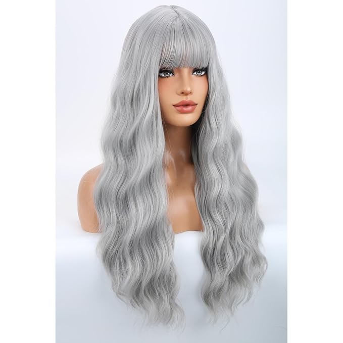 BERON Sliver Grey Long Curly Wae Wig with Bangs for Women Girls Gray Wavy Heat Resistant Synthetic Wigs Cosplay Costume Daily Party Wig