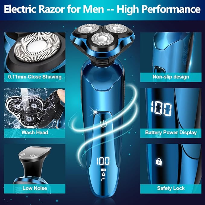 Electric Razor for Men IPX7 Waterproof 3D Rotary Shaver Rechargeable Cordless Shaver for Men with Wet/Dry Function &amp LCD Display Ideal Shaving Gifts for Husband Dad Boyfriend