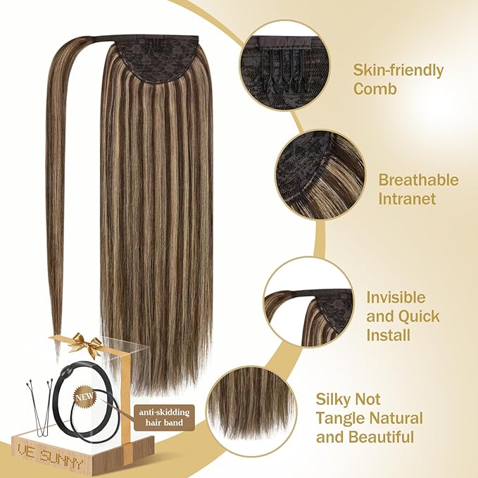 Ve Sunny Ponytail Extension Real Human Hair for Women Clip in Ponytail Hair Extension Straight Hair Pieces Wrap Around Chocolate Brown Mix Caramel Blonde 18inch 80G