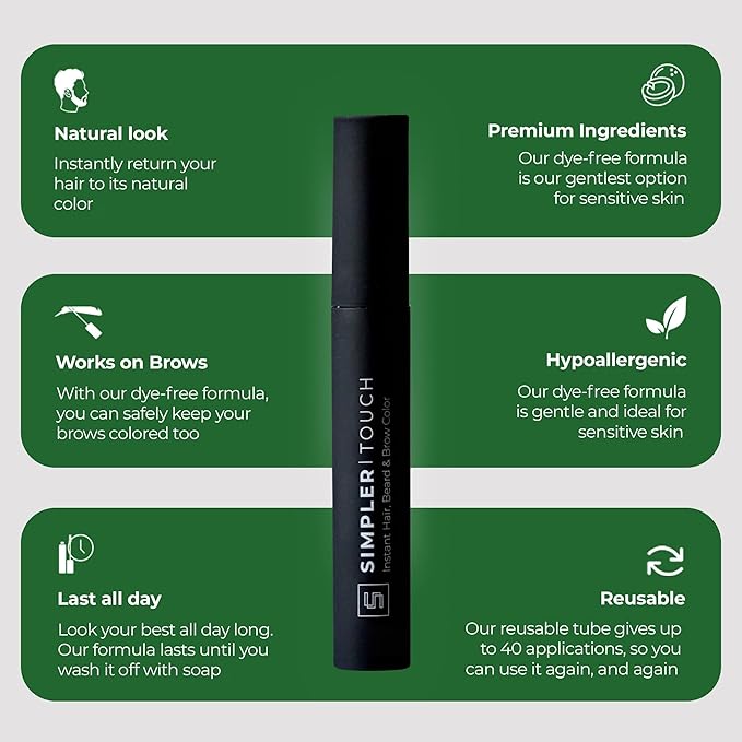Simpler Hair Color Touch Up Temporary Beard Dye for Men for Gray Hair Coverage - Natural Clean Ingredients - Hypoallergenic Reusable Instant Beard Dye for Sensitive Skin (Medium Brown)