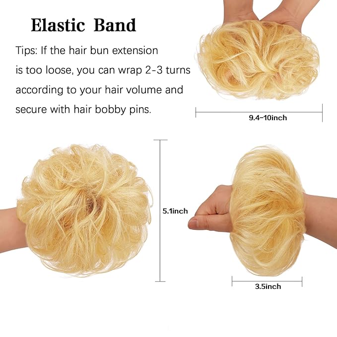 FESHFEN Human Messy Buns - 100% Human Hair Bun Real Scrunchies Hair Pieces Ponytail Extensions Wavy Tousled Updo Chignon Hairpieces for WomenMixed Blonde