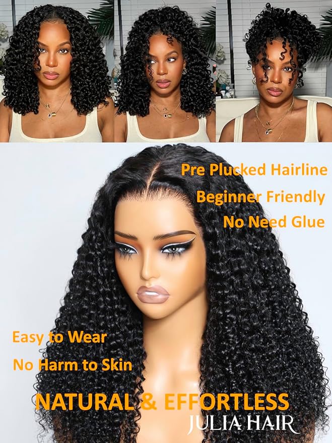 Julia Hair Bye Bye Knots Glueless Wig Curly Pre Cut Lace Front Wigs Human Hair for Women 12A Upgrade 7x5 Lace Closure Wig Pre Plucked with Pre Bleached Knots Put on and Go Natural Color 22 Inch
