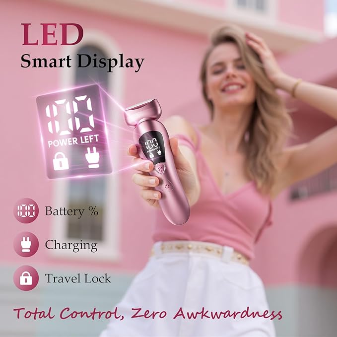 Electric Bikini Trimmer for Women: Rechargeable Painless Shaver for Body Hair - IPX7 Waterproof Cordless Razor with LED Display for Face/Leg Light Pink