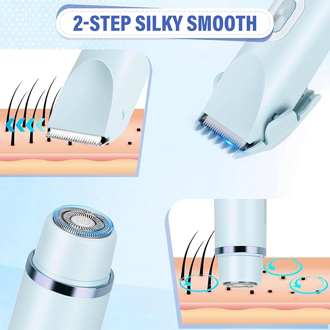 Women's Bikini Trimmer 2-in-1 Electric Shaver for Bikini Line Legs Underarms Face - Waterproof Women's Electric Shaver for Sensitive Skin USB Rechargeable (Blue)