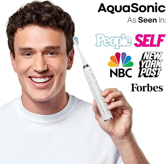 Aquasonic Vibe Series PRO ? Ultra-Whitening Electric Toothbrush ? 5 Modes &amp Smart Timers ? UV Sanitizing Base ? ADA Accepted (Optic White)