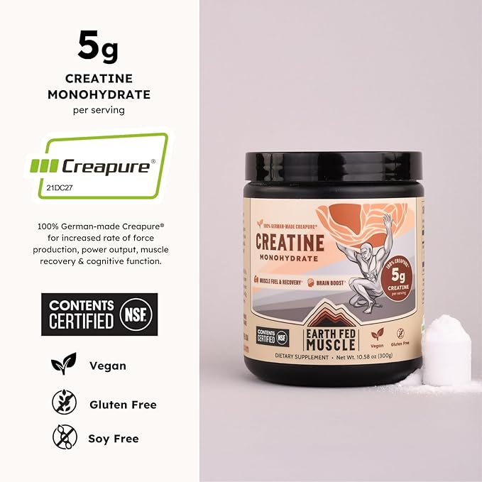 Earth Fed Muscle Transcend Creatine Monohydrate Powder ? 100% German Creapure Creatine for Women | Muscle Recovery &amp Building Energy Production | Unflavored 5g Serving 60 Servings per Container