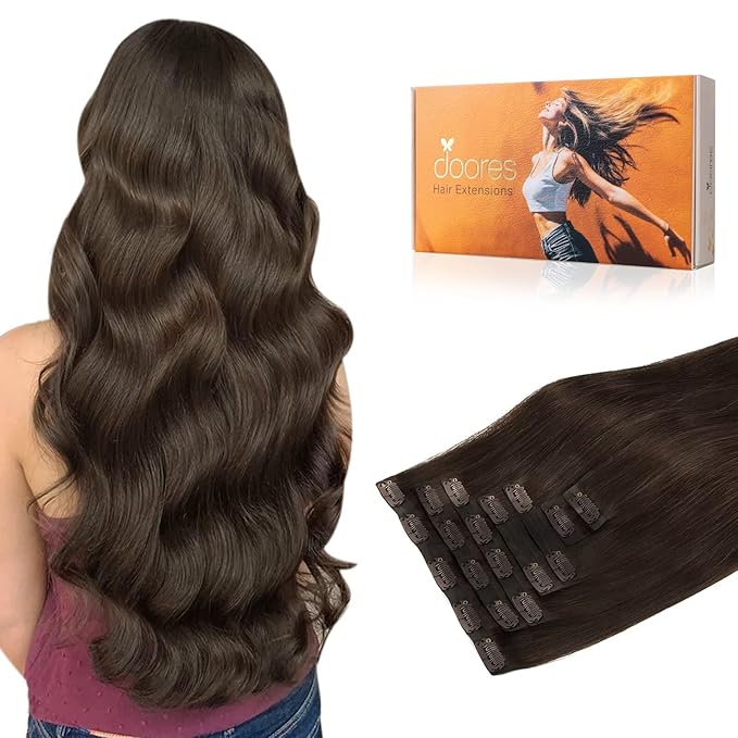 DOORES Seamless Clip-in Hair Extensions Real Human Hair Light Dark Brown 18 Inch 110g 7pcs Invisi Edge Straight Natural Hair