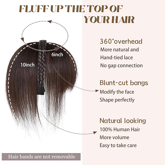 10 Straight Hair Piece With Twist Braid Headband for Women Human Hair Clip In Topper Hair Extension With Bangs (3# Dark Brown)