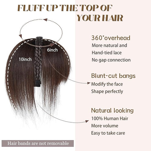 10 Straight Hair Piece With Twist Braid Headband for Women Human Hair Clip In Topper Hair Extension With Bangs (3# Dark Brown)
