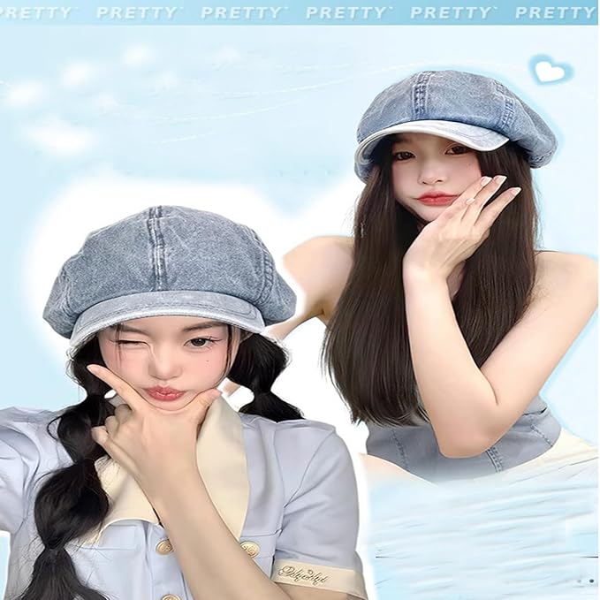 Women's Wig hat Wig Denim Beret Wig Straight Hair Baseball Cap Wig for Girl Christmas Halloween Daily Party Use Cool Brown 1