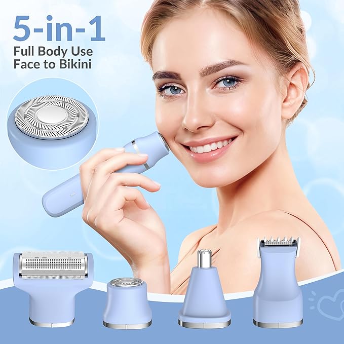KINGTEE 5-in-1 Electric Bikini Trimmer for Women ? IPX7 Waterproof Shaver Cordless Body &amp Facial Razors for Women Ceramic Blades USB-C Rechargeable Painless Hair Removal Kit (Blue)