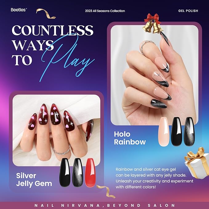 Beetles Halloween Gel Nail Polish - 39 Pcs Jelly Nail Set Glitter Changing Nail Polish Kit Treasure Box Collection with 3Pcs Base Matte and Glossy Top Soak Off Nails