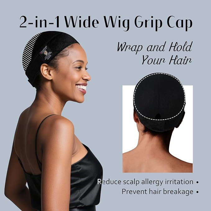 Dreamlover Wide Wig Grip Cap for Lace Front Wigs 2-in-1 Black Adjustable Wig Caps with Wig Gripper Band for Women 1 Piece