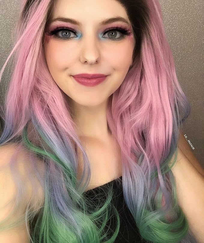 xiweiya Pink to Blue Green Ombre Wavy Wig 24 Long 180% Density Heat Resistant Synthetic Hair Lace Front Medium Cap Size 22.5 Inches