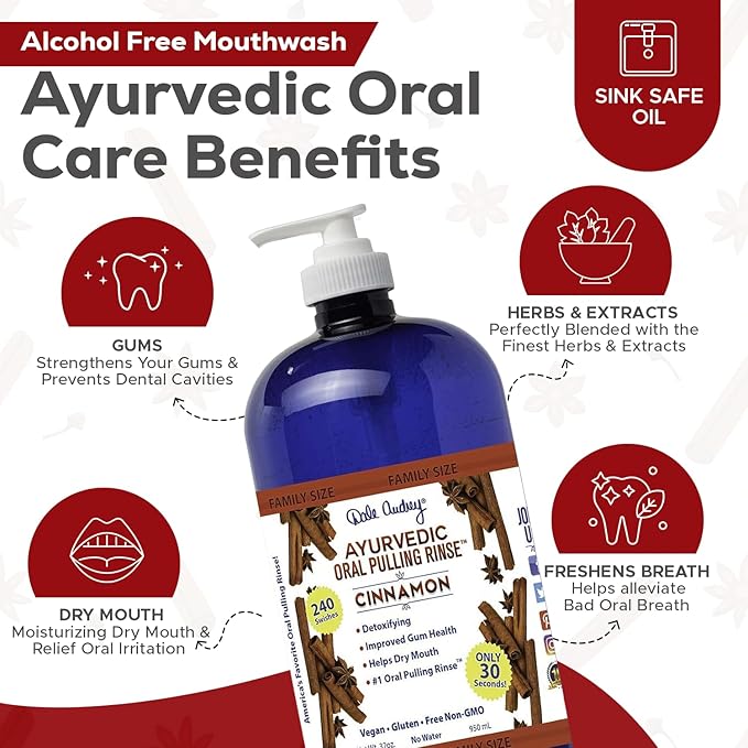 Organic Oil Pulling for Teeth and Gums | Natural Cinnamon Flavored Oral Rinse Mouthwash | Essential Oils for Bad Breath | Ayurvedic Oil Pulling for Whitening Teeth &amp Fresh Breath Family Size-32 F