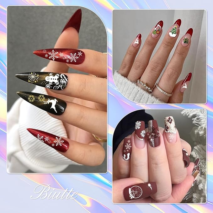 Biutee Nail Stamper Kit 12Pcs Nail Art Stamping Plate 8 Colors Stamp Polish Gel with Top Coat and Base Coat Set Silicone Stamper Scraper Nail Stamp Plates Love Flower Butterfly Leaf Christmas Design