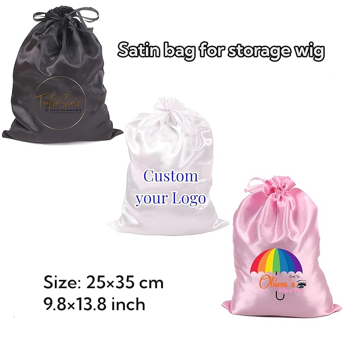 50 pcs/lot Custom Wig Storage Bags with Logo Paper Bags Custom Satin Bonnets Customized Edge Melt Elastic Bands Headband Edge Laying Scarf (Pink)