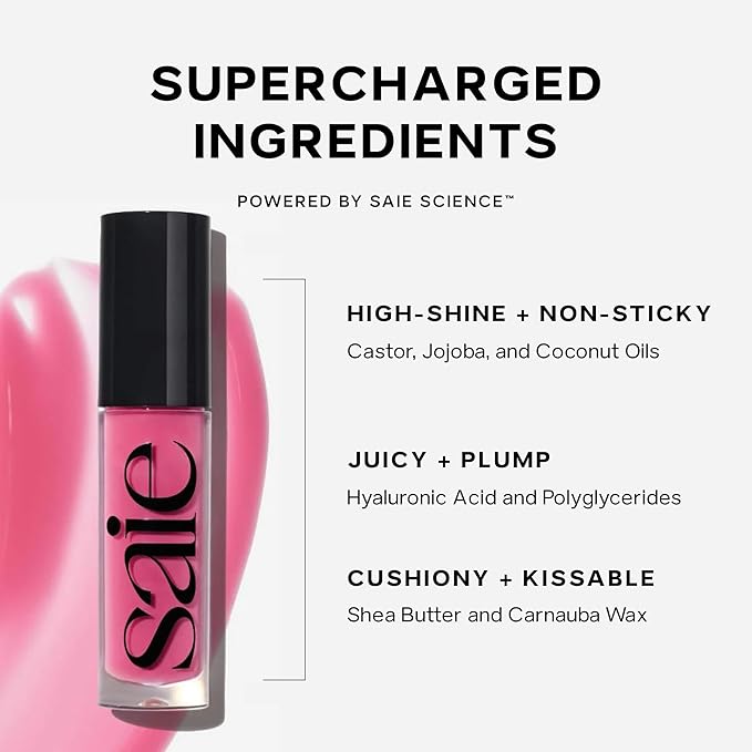 Saie Glossybounce - Hydrating Lip Gloss and Tinted Lip Oil Hybrid with Hyaluronic Acid &amp Jojoba Oil for Non-Sticky Ultra-Shiny Plump &amp Soft Lips - Everyday Makeup Essential - Burst (.17 oz)
