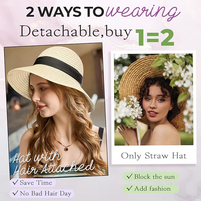 Sun Hat Straw Hat Wig Detachable Adjustable Cap with 12 Inch Synthetic Wavy Hair Extensions Foldable for Women Summer Beach Outdoors Dark Black