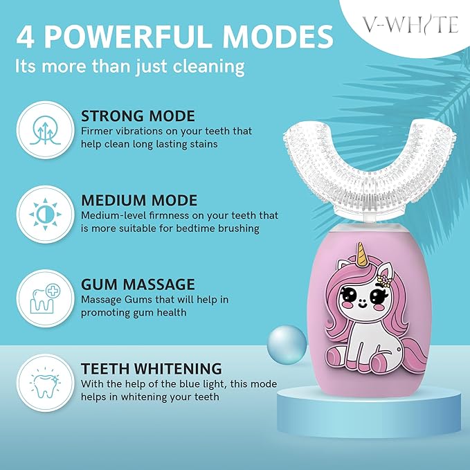 V-WHITE Electric Toothbrush Kids- Ultrasonic U-Shaped Toothbrushes for Teeth Whitening - 360° Mouth Cleansing Hands Free Gums Protection - Wireless Charging &amp LED Light - Waterproof IPX7 Certifie