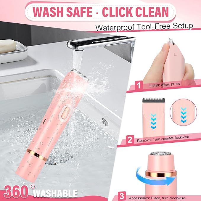 Women's Bikini Trimmer 2-in-1 Electric Shaver for Bikini Line Legs Underarms Face - Waterproof Women's Electric Shaver for Sensitive Skin USB Rechargeable (Pink)