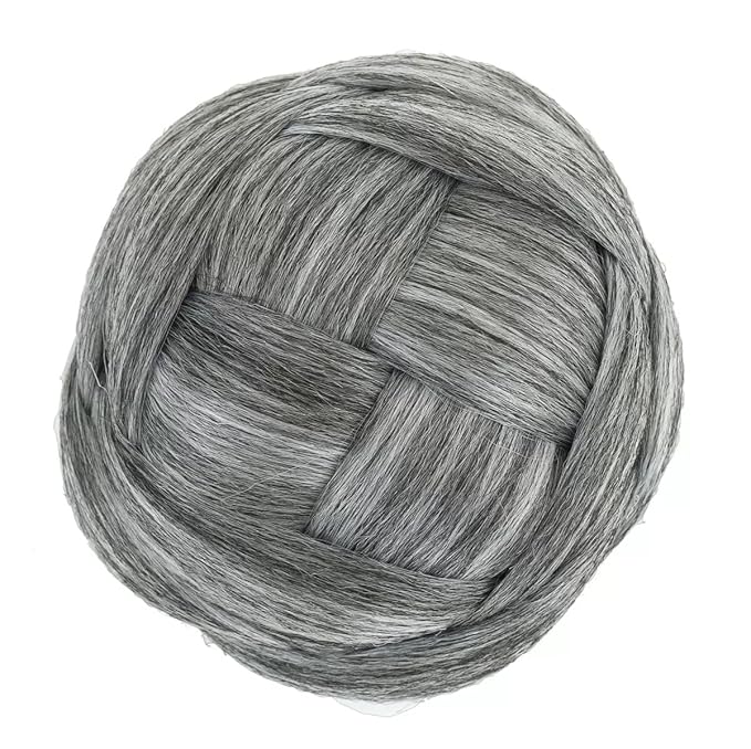 Grey Bun &amp Bangs Set 2PCS - Quick Clip in Ponytail Bun with Bang M Size Updo Twist Braided Chignon Scrunchie Hair Piece for Black Women