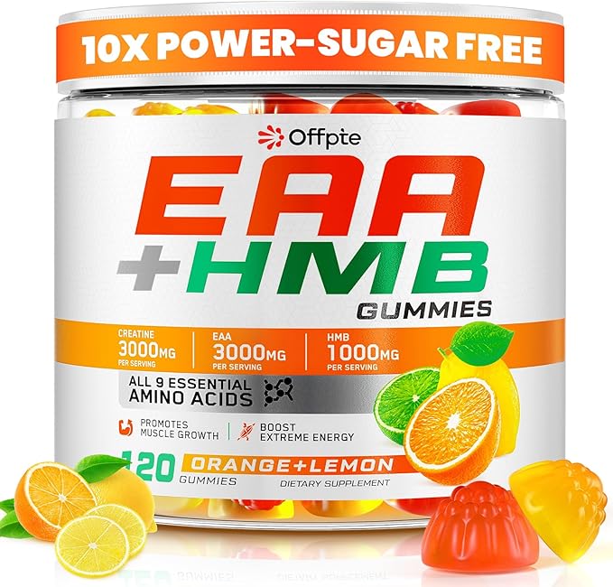 EAA Gummies for Men Women 120 Ct Essential Aminos Acids (EAA)Supplements and All Branched-Chain Aminos (BCAAs)with HMBCreatine MonohydrateElectrolytes for Muscle Relief &amp GrowthOrange-Lemon