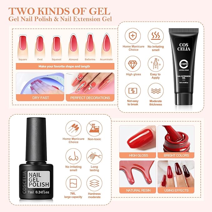 COSCELIA Christmas Gel Nail Polish Kit with U V Light Base and Top Coat 20 Bottles Gel Polish and 3 Colors Poly Extension Polish Set Glitter Decoration Starter Kit Gifts for Women