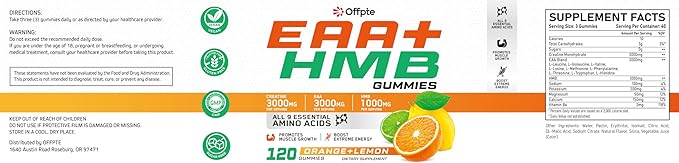 EAA Gummies for Men Women 120 Ct Essential Aminos Acids (EAA)Supplements and All Branched-Chain Aminos (BCAAs)with HMBCreatine MonohydrateElectrolytes for Muscle Relief &amp GrowthOrange-Lemon