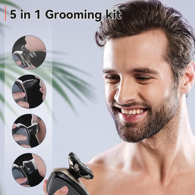 5 in 1 Head Shavers for Bald Men Skull Head Shaver with Rechargeable Battery Electric Razor Hair Clippers Nose Hair Trimmer Cleaning Brush Hair Manager Idea Gift for Men(Brown)