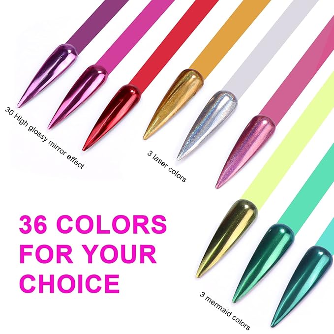 SAVILAND Chrome Nail Powder Set: 36 Colors Metallic Mirror Effect Holographic Chrome Nail Powder Iridescent Chameleon Pigment Manicure DIY Nail Art Decoration Glitter Dust with Sponge Brushes Home Use