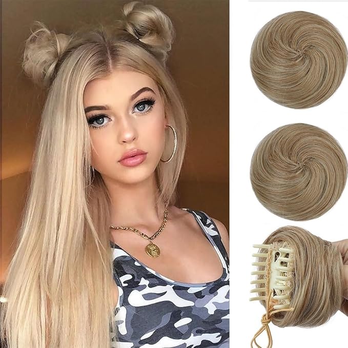 Hair Buns 2PCS Space Buns Mini Claw Clip in Hair Bun Extensions Messy Cat Ears Wig Accessory Synthetic Donut Updo Hairpieces for Girls Hairpieces For Women(Black)