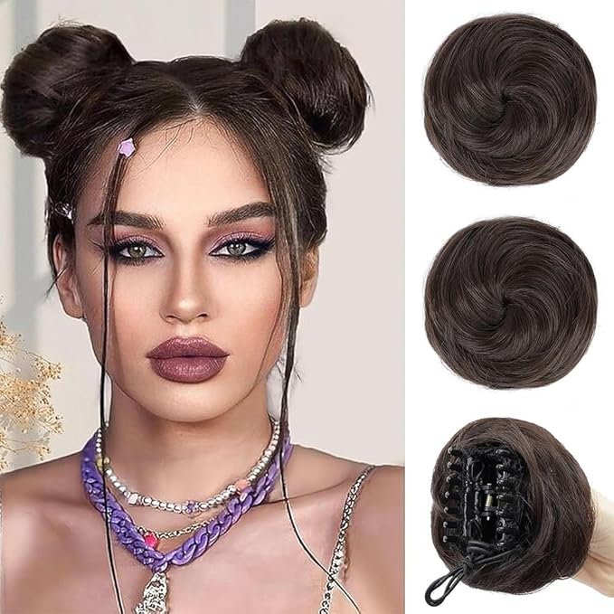 Hair Buns 2PCS Space Buns Mini Claw Clip in Hair Bun Extensions Messy Cat Ears Wig Accessory Synthetic Donut Updo Hairpieces for Girls Hair Buns Hair Piece(Bright golden brown)
