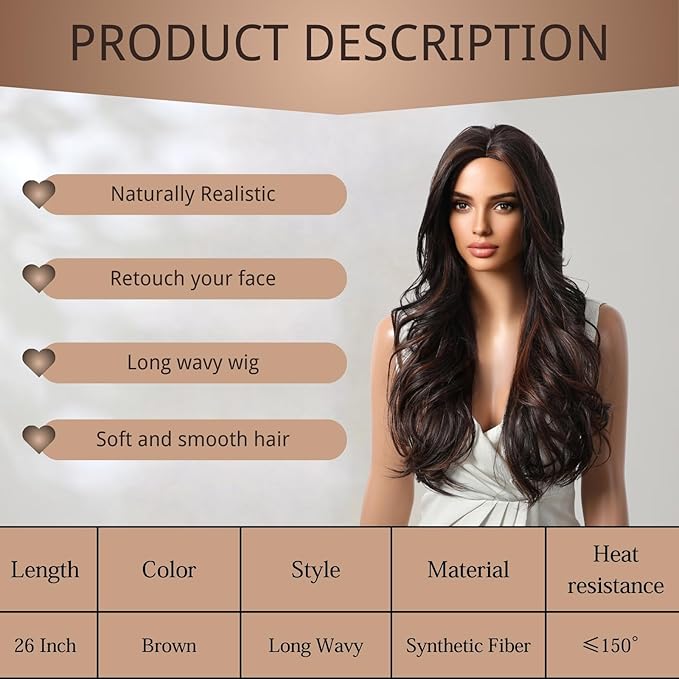 Brown Highlight Wig 26 Inch Long Wavy Wigs for Women Middle Part Synthetic Hair Wavy Wig with Upgraded StrandsNatural Hair Wig for Daily Party Date Use