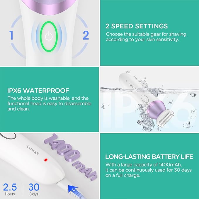 VOYOR Electric Razors for Women 4 in 1 Bikini Trimmer Foil Shaver for Women 4 Replacement Heads for Body Pubic Hair Trimmer Cleansing Massage 2 Adjustable Speeds Rechargeable Shaver ES501 (Purple)