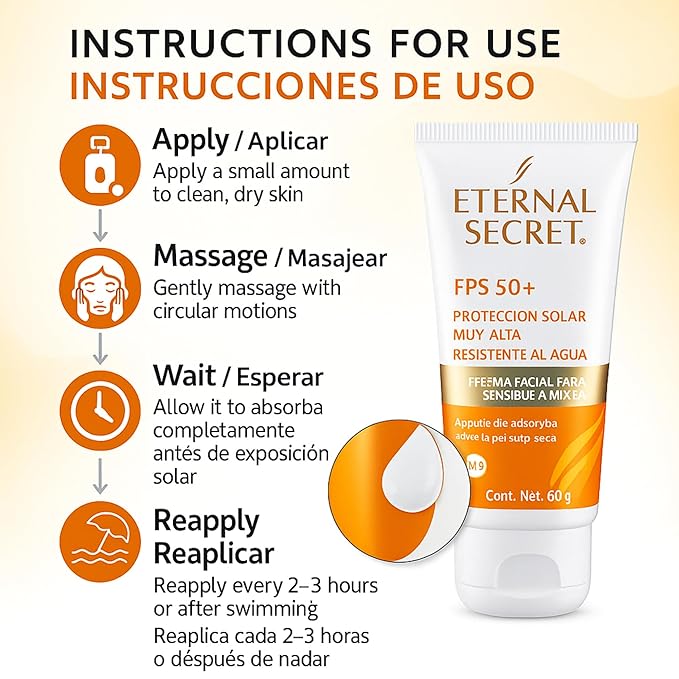 Eternal Secret High Protection Sunscreen for Face - SPF 50+ Water-resistant Non-Sticky Texture 2.12 oz - Bloqueador Facial/Corporal Eternal Secret FPS 50+ 2.12 oz