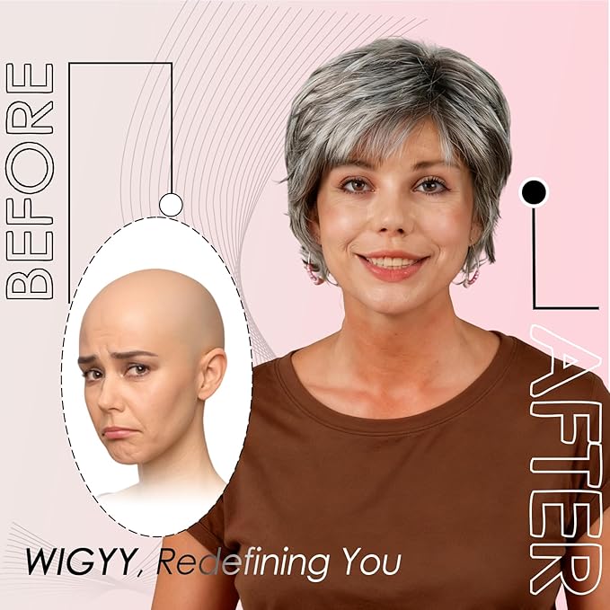 WIGYY Light Gray Pixie Cut Wig for White Women ? Short Curly Synthetic Wig with Bangs Heat-Resistant Glueless Cap Lightweight Natural Looking Wig for Older Women Daily Wear