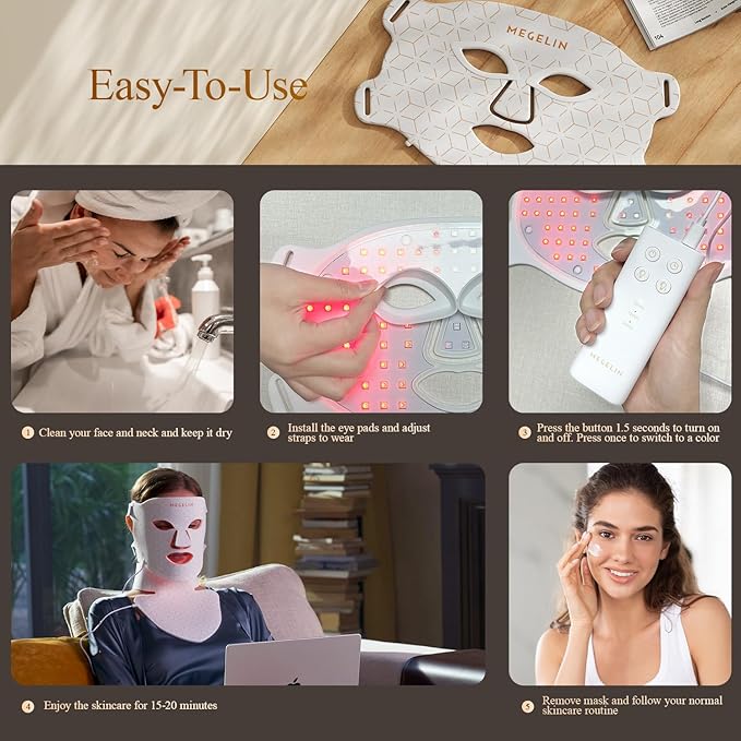 MEGELIN Led Red Light Therapy Face &amp Neck Mask 7 Colors Led Light Therapy Facial Mask Infrared Red Light Therapy Mask Infrared Light Skin Rejuvenation(White)