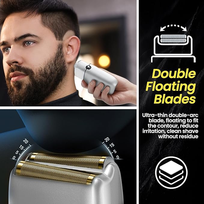 Electric Foil Shavers for Men 3 Speed Electric Razor for Men High Speed Dual Floating Blades IPX7 Waterproof Wet &amp Dry LED Display USB Type C Charging Foil Razor for Face/Beard/Head (Silver)