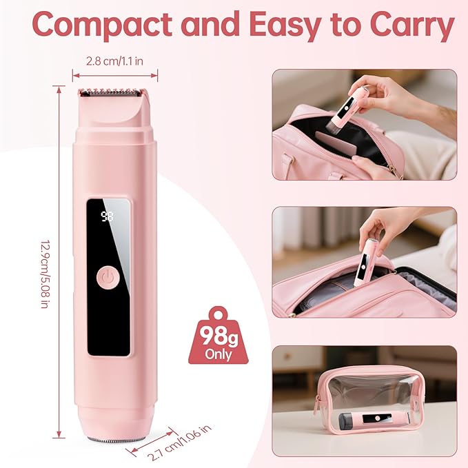 Bikini Trimmer for Women: 2-in-1 Electric Shaver with Digital DisplayIPX7 Waterproof &amp Easy Cleaning&amp Travel Lock - Dual Head Trimmer for Underarms Legs Face (Pink)