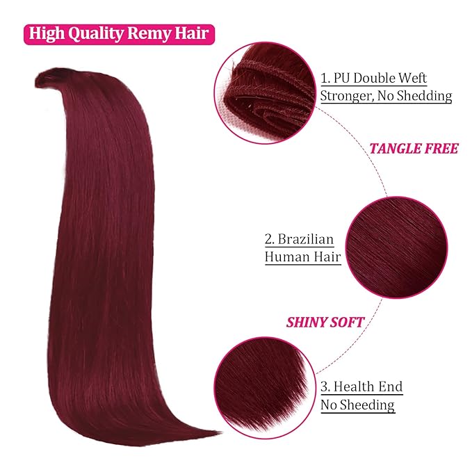 Clip in Hair Extensions Real Human Hair 99J Burgundy 16inch 110g Long Straight Silky Hair Extensions Real Human Hair 8pcs Double Weft Handmade Per Set with 18clips Clip on Extensions