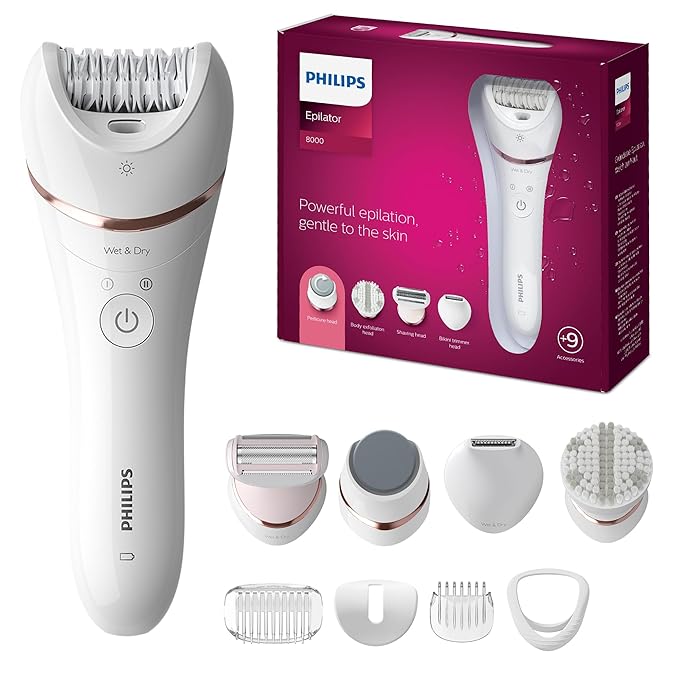 Philips Beauty Epilator Series 8000 5 in 1 Shaver for Women Trimmer Pedicure &amp Body Exfoliator + 9 Accessories BRE740/14