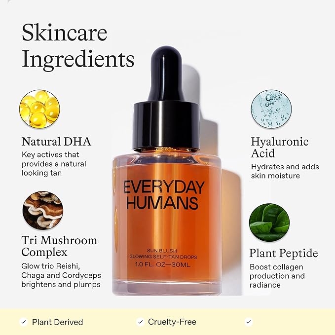 Sun Blush Glowing Self Tanning Drops Australian Made 1.0 fl.oz | Sun-Kissed Natural Face &amp Body Gradual Self Tanner with Peptides | Fragrance Free| Everyday Humans
