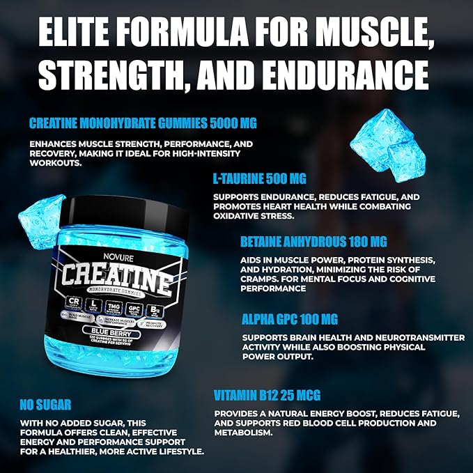 Creatine Monohydrate Gummies 5000mg ? Advanced Muscle &amp Focus Blend with Alpha GPC B12 &amp Taurine ? Vegan Sugar-Free Blueberry &amp Raspberry Flavors ? Made in USA 120 Gummies (30 Servings