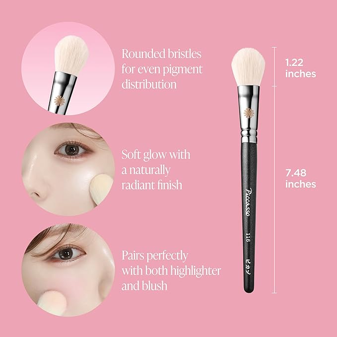 Piccasso 116 Highlighter Brush ? Soft Goat Hair Makeup Brush for Face Ideal for Highlighting Cheekbones Nose and Jawline Fluffy Blush Brush for Natural Glow Professional Korean Beauty