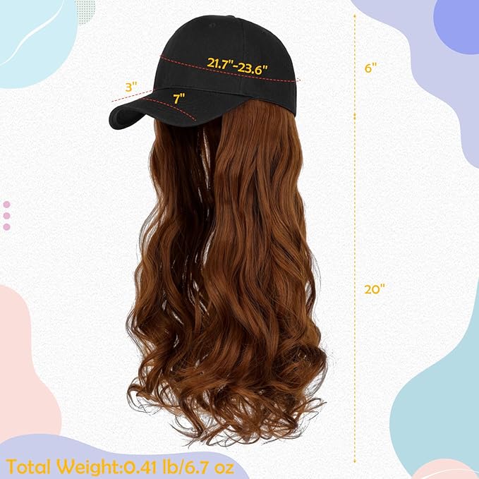 Baseball Hat WigHat with Hair attached 24'' Adjustable Black Cap with Long Wavy Synthetic Hair Extensions for Women Girls(Light Auburn)