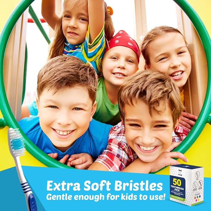 Bulk Toothbrushes 50 Pack | Individually Wrapped Travel Toothbrush Set for Adults &amp Kids | Made with a Medium-Soft Large Brush Head | BPA-Free &amp Disposable!