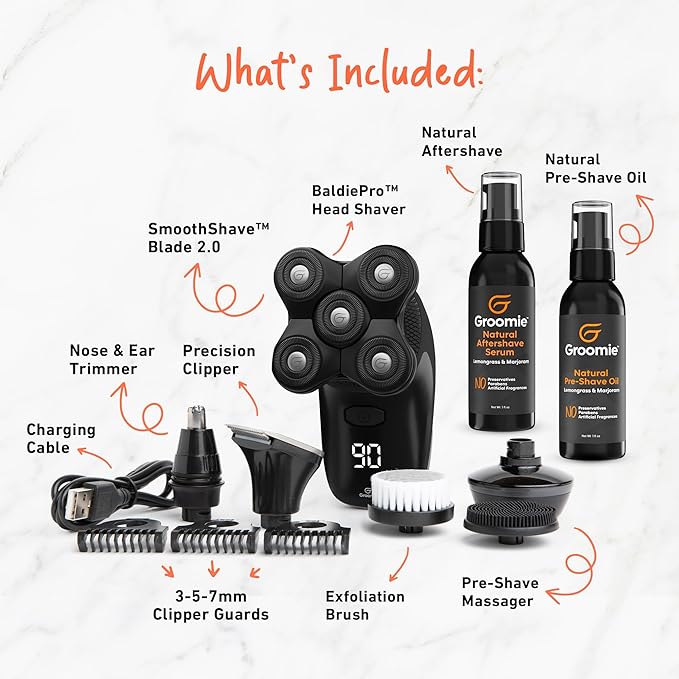 GROOMIE No Hair Don't Care Bundle - 5D BaldiePro Electric Head Shavers for Bald Men Natural Pre-Shave Oil to Promote Close Shave &amp Natural Aftershave Serum - Mens Head Shaver Kit w/Electric Raz