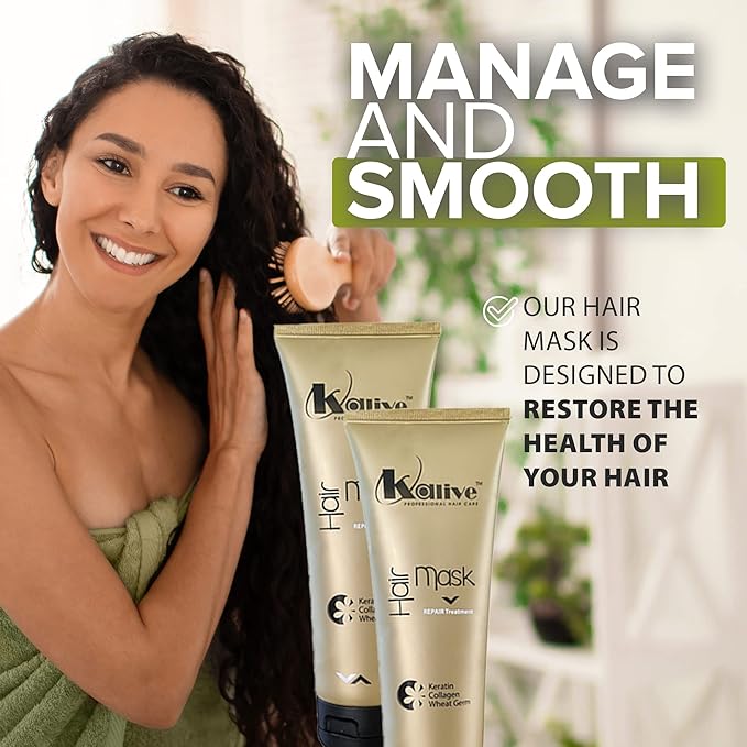 KALIVE Hair Mask for Deep Hydration &amp Repair - 8 oz. Keratin Collagen &amp Wheat Germ - Hair Care Products for Dry Damaged Hair. (Pack of 2)
